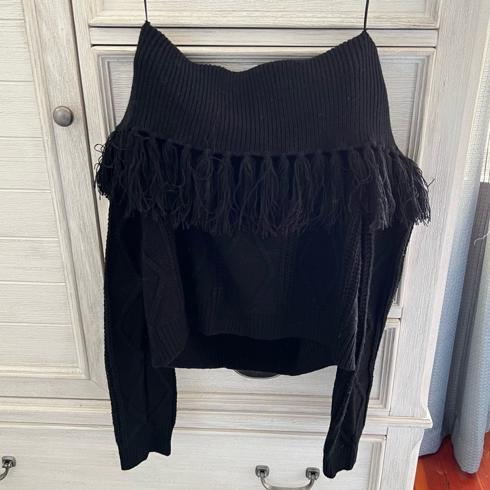 Off the shoulder fringe tassle sweater
